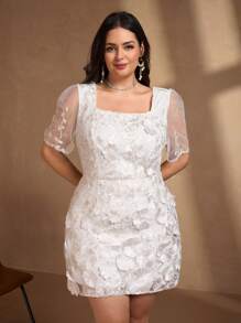 Chikora Váy cưới mùa hè thời trang cho mẹ cô dâu, mùa hè, cổ vuông, lưới vá, cỡ lớn, thắt eo - trắng - Xem 3