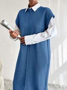 EURMUSE Solid Button Detail Batwing Sleeve Sweater Dresss,Winter Dresses For Women,Petite - Navy Blue - View 6