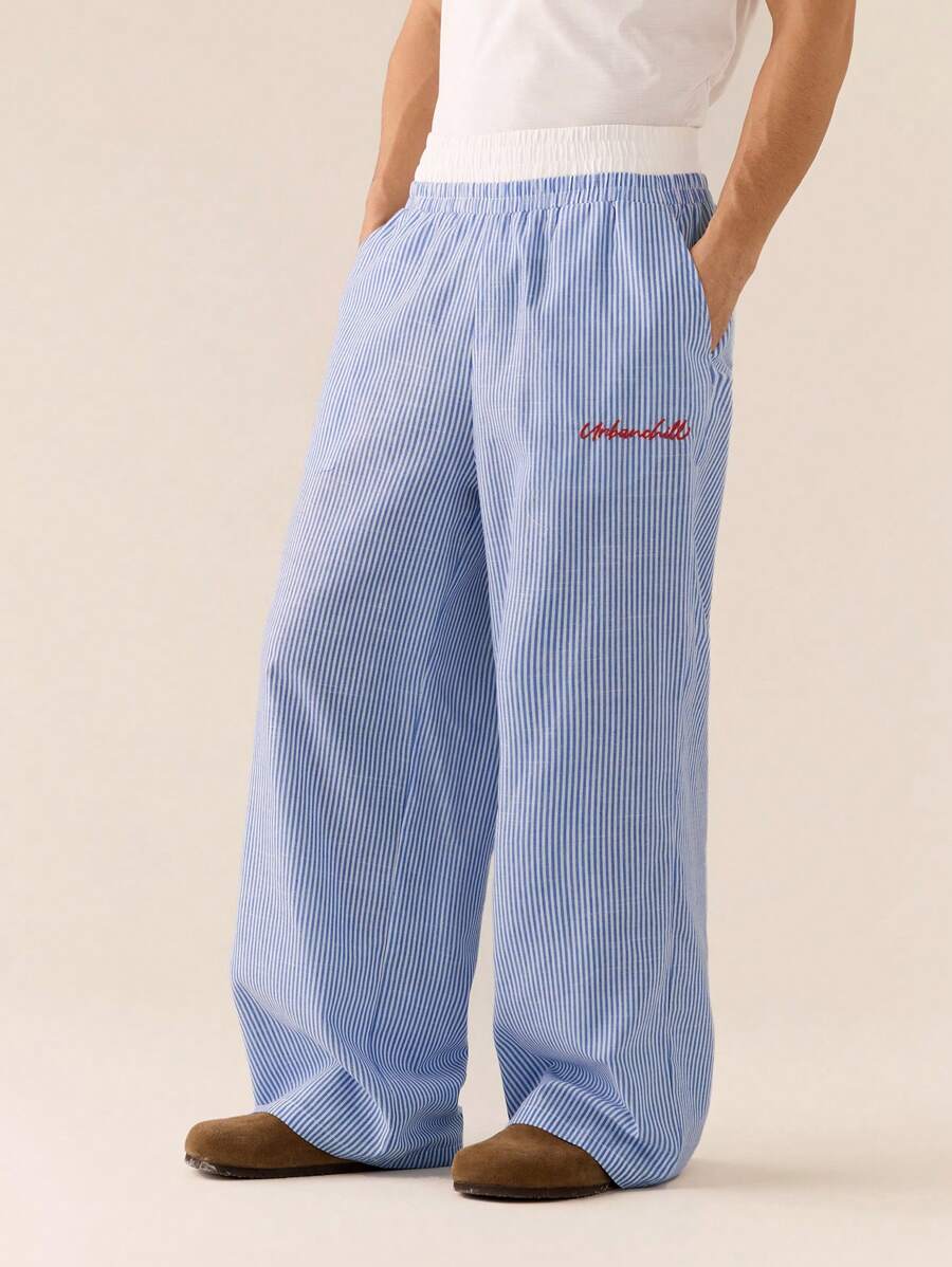 SWAVVY Men Casual Loose Striped Patchwork Waist Straight-Leg Woven Pants, Modern Daily Wear, School, Fall