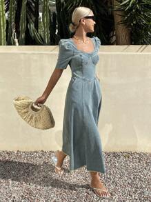 Livesso Vestido vaquero de mujer con cuello cuadrado, mangas de farol y flecos, estilo occidental lavado para el verano