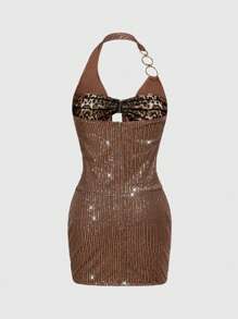 ROMWE J-Fashion Vintage tief ausgeschnittenes sexy Leoparden-Pailletten-Party-Halterkleid im Y2K-Stil für Frauen