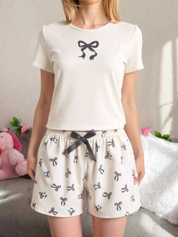 ROMWE Kawaii Women's Casual Basic Butterfly Print Short Sleeve & Shorts Pajama Set, Comfortable & Breathable, Summer