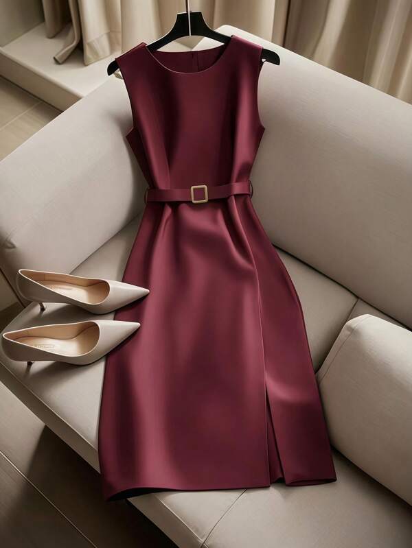 Franclia Women's Minimalist Metal Buckle Belted Casual Holiday Mini Dress