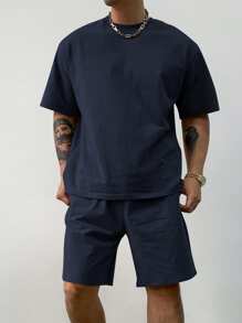 DAZY Bộ áo phông và quần short xanh navy trơn mùa hè cho nam, trang phục ấm áp - Màu xanh hải quân - Xem 4