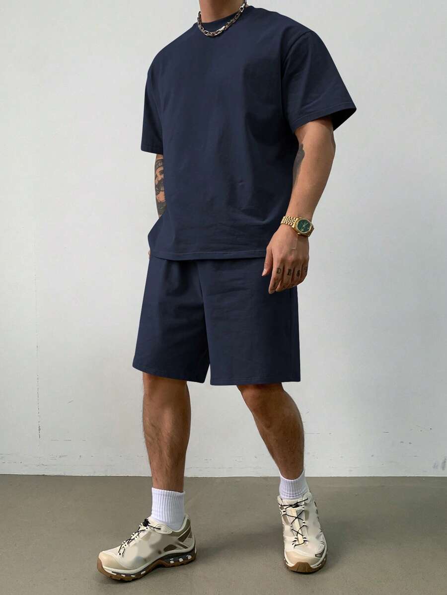 DAZY Bộ áo phông và quần short xanh navy trơn mùa hè cho nam, trang phục ấm áp - Màu xanh hải quân - Xem 1