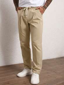 Manfinity Homme Men's Casual Solid Color Drawstring Waist Fold Pleated Pants - Khaki - View 3