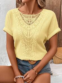 SHEIN LUNE 女式圆领超大蕾丝拼布纹理华夫格面料休闲度假 T 恤，夏季