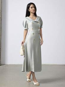 Heiryn Vestido midi de verano para mujer, de unicolor elegante, con cuello cuadrado, mangas abullonadas, cintura fruncida y doble botonadura