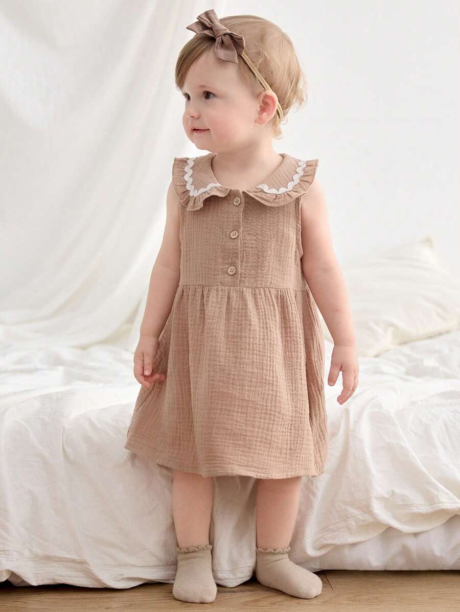 Cozy Pixies Baby Girl Sleeveless Contrast Trim Waist Ruffle Dress - Khaki - View 1