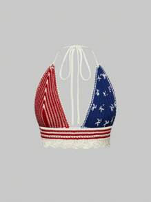 ROMWE J-Fashion Women USA 4th Of July Backless Striped And Floral Knit Halter Neck Top - Multicolor - View 2