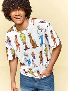 SCOOBY-DOO X SHEIN Men's Cartoon Pattern White Crew Neck Short Sleeve T-Shirt - White - View 1