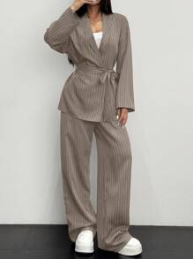 Firerie Plus Size Women's Striped Wrap Elegant & Casual Kimono Blazer Suit Set, Grey Office Commuter Formal 2 Pieces Suit Outfit/Valentine's Day/Concert/Performance Costume/Dating/Senior Banquet/Dance/Wedding Season/Sexy/Elegant/Commuting/Back To School Season/Vacation/Beach/Elegant Romance/Office Enchantress/Siren Style/Birthday Party Outfits Long Sleeve Suit Autumn Four Seasons Jacket & Straight Pants Suit Set/Multi-Piece Set Graduation,Back To School,Teacher Outfits For Women,Fall Women Clothes