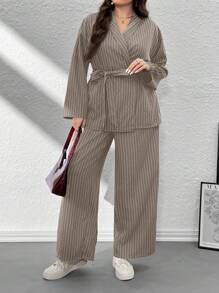 Firerie Plus Size Women's Striped Wrap Elegant & Casual Kimono Blazer Suit Set, Grey Office Commuter Formal 2 Pieces Suit Outfit/Valentine's Day/Concert/Performance Costume/Dating/Senior Banquet/Dance/Wedding Season/Sexy/Elegant/Commuting/Back To School Season/Vacation/Beach/Elegant Romance/Office Enchantress/Siren Style/Birthday Party Outfits Long Sleeve Suit Autumn Four Seasons Jacket & Straight Pants Suit Set/Multi-Piece Set Graduation,Back To School,Teacher Outfits For Women,Fall Women Clothes