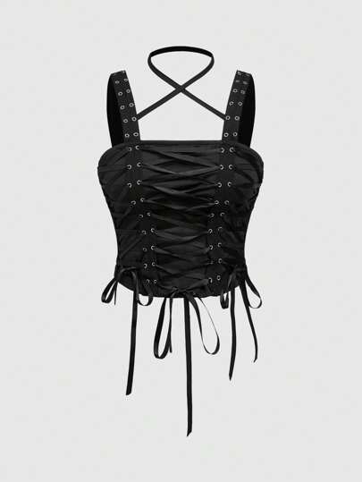 Grunge Punk Canotta da donna con lacci frontali, stile punk e collo a fascia, resistente