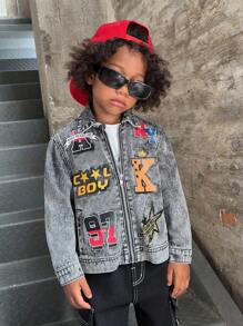 SHEIN Young Boy Letter Print Black Denim Lapel Long Sleeve Cardigan Jacket