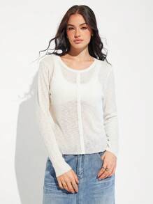 Roylia Women's Daily Casual Solid Color Round Neck Regular Shoulder Long Sleeve Fitted White Cardigan With Buttons - White - View 4