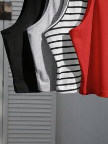 SHEIN EZwear 4件套女士休闲上衣套装，黑色碎花、灰色、红色、黑白条纹，修身、性感、百搭，夏季返校季 - 彩色 - 查看 6