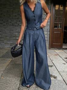 Livesso Ensemble décontracté en deux pièces pour femmes, composé d'un débardeur à col en V et dentelle patchwork chic, et d'un pantalon large, avec accessoire de ceinture