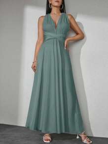 EURMUSE Women's Solid Color Simple Asymmetrical Shoulder Dress - Mint Green - View 4