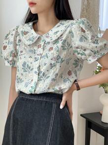 DAZY Floral Embroidery Peter Pan Collar Puff Sleeve Blouse