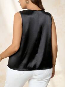 Chikora Plus Size Elegant Contrast Mesh Solid Color Sleeveless Tank Top,Simple, Fashionable And Casual Daily Wear,Going Out Outfits,Women Patchwork Floral Applique Mesh,Holiday Outfits,Suitable For Workplace, Afternoon Tea, Date, Concert, Party, Retro College Style,Suitable For Commuting And Attending Weddings