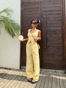 SHEIN EZwear 女士新款淡黄色亚麻吊带背心和裤子套装 - 黃色 - 查看 4