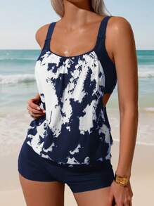 Swim Lushoire Spring/Summer Popular Black & White Ombre Printed Adjustable Spaghetti Strap Beach Vacation Bikini 2 Pieces Set