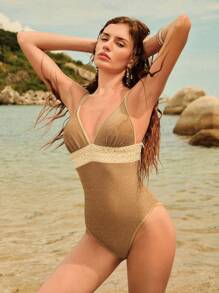 Anewsta Elegant V-Neck Wrap Metallic Ribbon One-Piece Swimsuit, High-End And Sophisticated, Spring/Summer - Gold - View 4