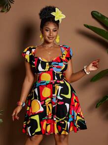 Maweii 大码女式夏季度假风格甜心领荷叶边袖花卉印花腰部修身喇叭裙