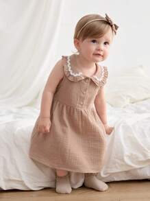 Cozy Pixies Baby Girl Sleeveless Contrast Trim Waist Ruffle Dress - Khaki - View 4