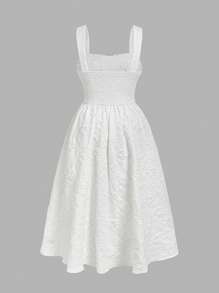 SHEIN MOD Plus Size New Textured Floral Woven Fabric Short Sleeve Round Neck Asymmetric Back Gathered Detail Fashion Young Fitting Office & Casual Slim Waist Elegant Midi Length Dress,Summer Dresses For Women White Midi Dress White Dress White Sundress Bridal Shower Dress White Church Dress White Dress For Wedding,Wedding Guest Dress Women - White - View 2