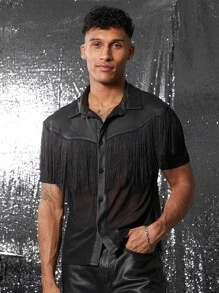 FeverCity Camisa corta de manga corta holgada con cuello polo y decoración de flecos para hombres FeverCity
