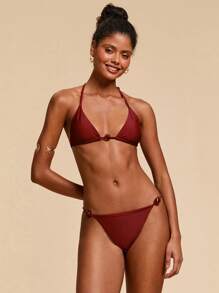 Travachic Women's Elegant Burgundy Minimalist Solid Color Backless Halter Bikini Set,Summer Holiday Beach Party Swimwear Swim Suits,Beach Outfits For Woman - Brown - View 6