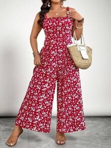 SHEIN VCAY Plus Size Ditsy Floral Sleeveless Jumpsuit, Casual Holiday Style Summer Outfits Beach Outfits For Woman Graduation Outfit Brunch Outfits For Women St Patrick Spring Break Rave Outfits Festival Elegant Vacation Outfits Woman Casau Western Cute Boho Ditsy Floral Beach Spring Clothes Brunch Outfits For Women Old Money Tropical Vacation Woman Clothes - Multicolor - View 4