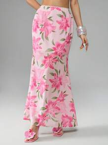 ROMWE Avant Falda floral de cintura baja estilo Y2K, falda de gasa de cola de pez para vacaciones y resorts de playa para mujeres - Rosa - Ver 7