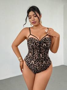 Firerie Plus Size Leopard Print Corset Bodice Adjustable Bodysuit,Brown,Summer,70's,Country,Night Out Club,Party,Elegant Commute, Date,Prom,Wedding,Beach - Multicolor - View 6