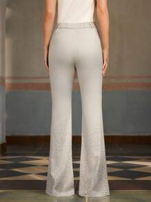 ZEYLAH 女式高腰素色优雅喇叭裤水钻装饰长裤，喇叭裤 - 灰色 - 查看 4