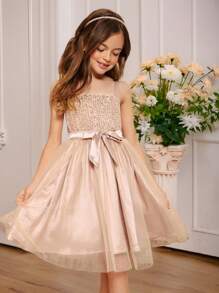 Pitira Pitira Tween Girls Sequin Bodice Mesh Overlay Dress With Belt - Champagne - View 1