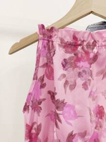 INAWLY 女士花卉印花荷叶边下摆无袖衬衫，适合度假穿着