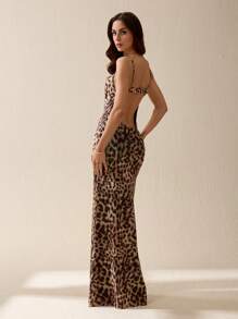 SHEIN Tall 女士长款休闲连衣裙，简约时尚豹纹吊带，日常穿着 - 棕色 - 查看 2