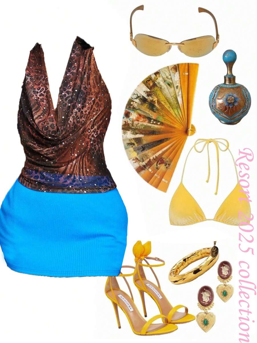 Slaydiva Women's Y2k Summer Holiday Vacation Blue And Brown Polka Dot Zebra Leopard Print Mesh Deep V Draped Neck Backless Crop Top & Bodycon Mini Skirt Set - Blue - View 1