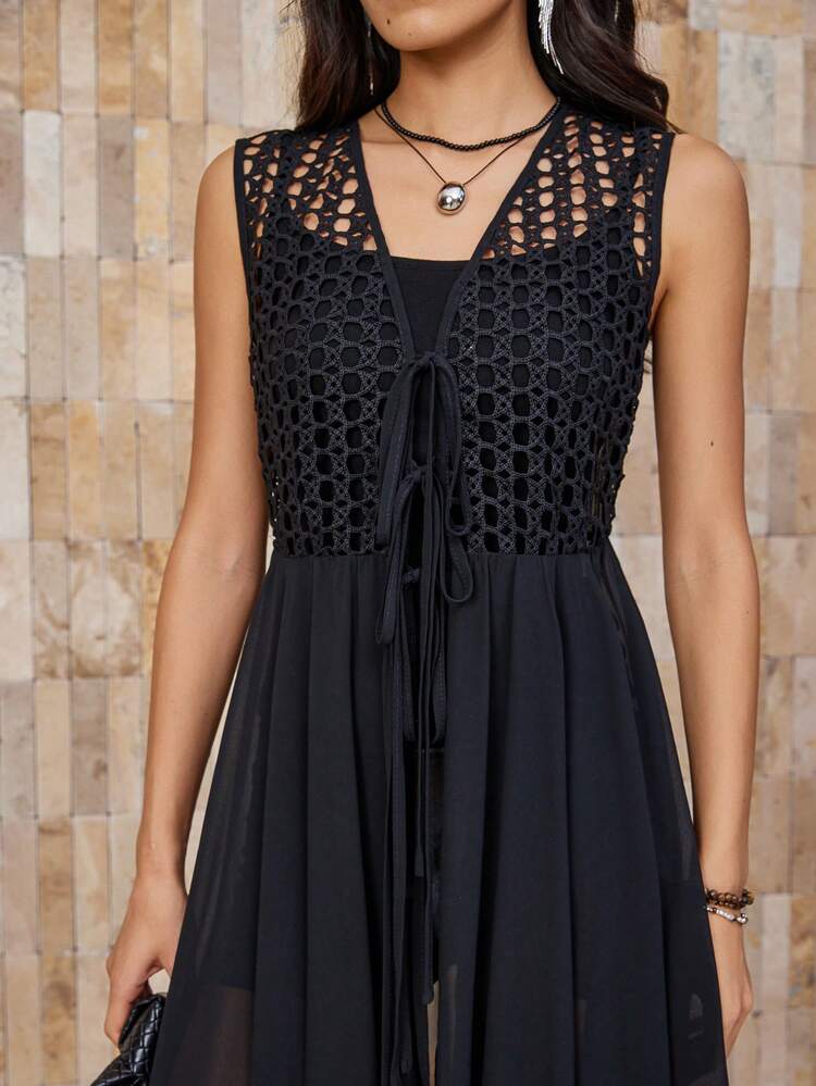 Women's Crochet Lace Splice Long Shirt Dress With Cinched Waist, Casual Vacation Style Summer Sleeveless Cardigan Dress Going Out Tops Carnival Business Casual Woman