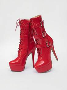 CUCCOO LuxiPop Women's Red High Heel Platform Lace-Up Mid-Calf Boots, Sexy & Fashionable For Nightclub, Halloween, Christmas, Party Outfits - Red - View 3