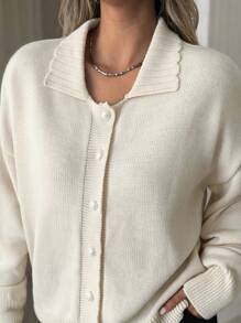 EURMUSE Drop Shoulder Button-Up Knit Cardigan With Collar - Mocha Brown - View 8