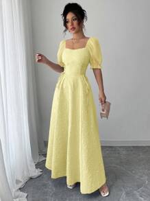 Modelyn 女式黄色透明泡泡袖收腰喇叭下摆长款连衣裙 - 黃色 - 查看 7