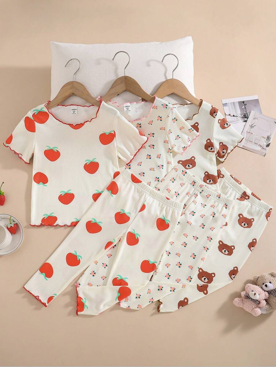 Set de 6 piezas de pijama para niñas, top de manga corta y pantalón de 3/4 para outfit en casa para niñas pequeñas, primavera y verano - Multicolor - Ver 1