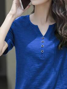 SHEIN 女式简约纯色缺口领短袖T恤，休闲夏季上衣 - 寶藍色 - 查看 3