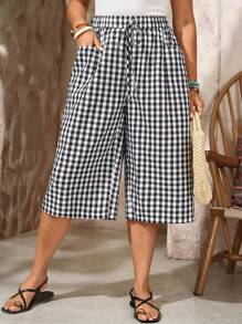 EMERY ROSE Pantalones capri de lino holgados y casuales a cuadros negros y blancos con bolsillos dobles para mujeres de talla grande, adecuados para primavera/verano, uso bohemio y occidental, para conciertos de música country y estilo campestre - Blanco y Negro - Ver 3