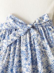 SHEIN 青少年女孩休闲日常度假蓝色碎花荷叶边松紧腰连衣裙 - 藍白色 - 查看 6