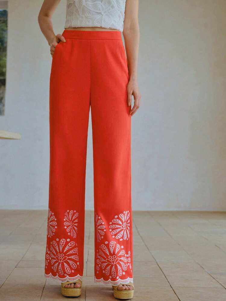 MOTF STUDIO EMBROIDERY DETAIL SLANT POCKET WIDE LEG SUIT PANTS